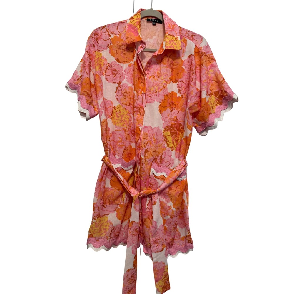 FORE Pink Orange Floral Ric Rac Trim Button Down Mini Dress Size M DC8681FO